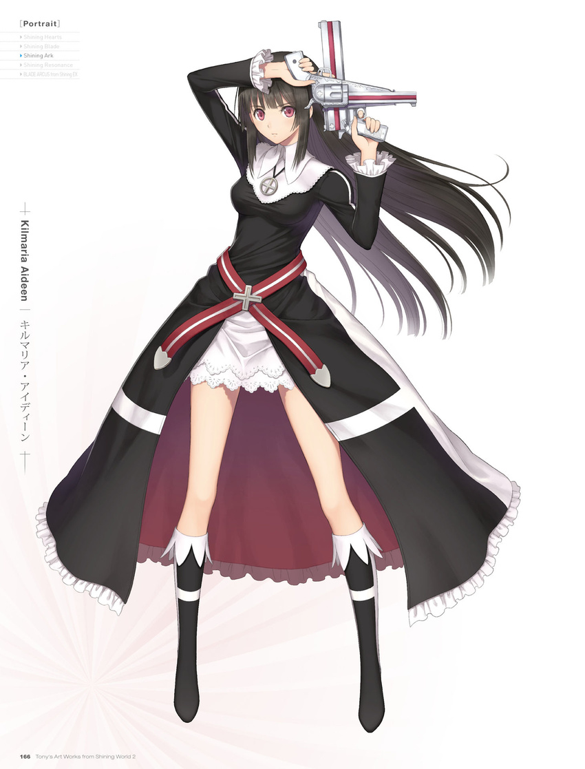 artist_name black_dress black_hair boots breasts dress dual_wielding female floating_hair full_body gun highres holding holding_gun holding_weapon jewelry kilmaria_aideen long_hair looking_at_viewer medium_breasts necklace red_eyes shining_(series) shining_ark shining_world simple_background skirt solo standing tony_taka very_long_hair weapon white_background white_skirt