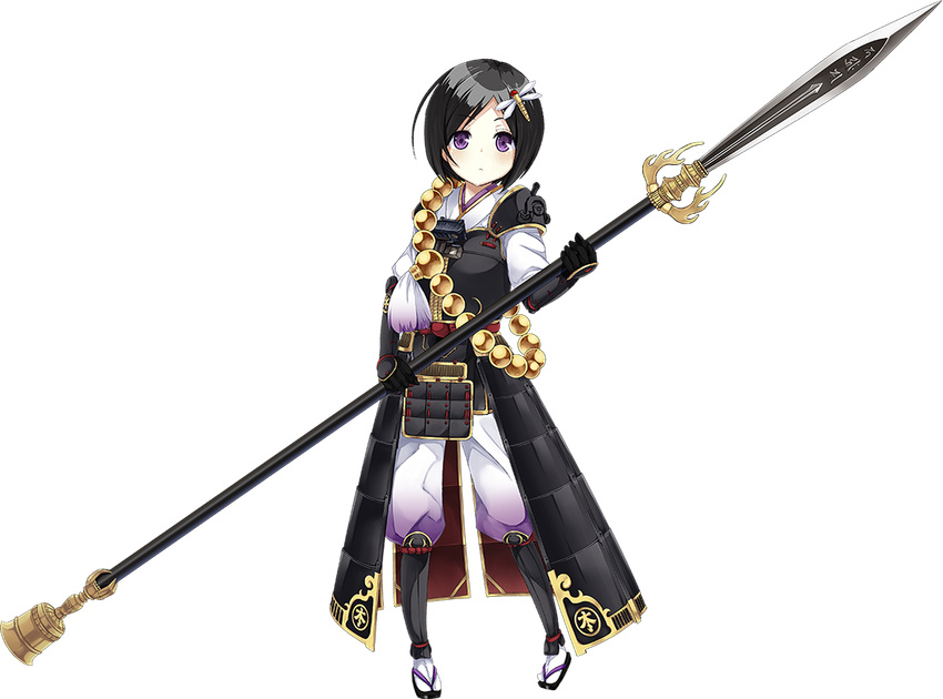 armor beads black_hair bug dragonfly female full_body gloves hair_ornament holding holding_weapon kanzaki_karuna odaki_(oshiro_project) official_art oshiro_project:re polearm prayer_beads purple_eyes short_hair solo spear transparent_background weapon