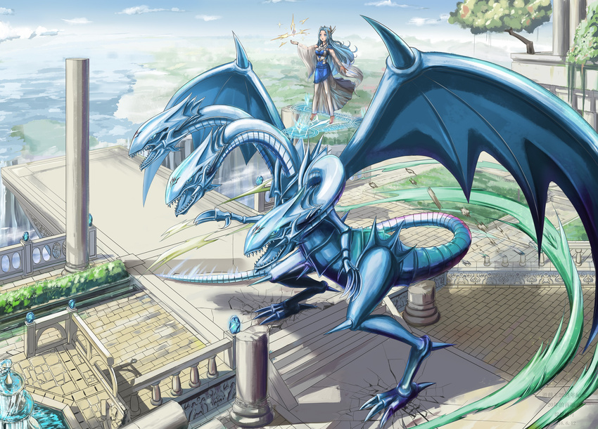 barefoot blue-eyes_ultimate_dragon blue_eyes blue_hair breasts card chinese_commentary commentary_request dragon duel_monster female floating highres holding holding_card huanghyy large_breasts long_hair looking_away magic_circle parted_lips photoshop_(medium) priestess_with_eyes_of_blue runes tree yu-gi-oh!