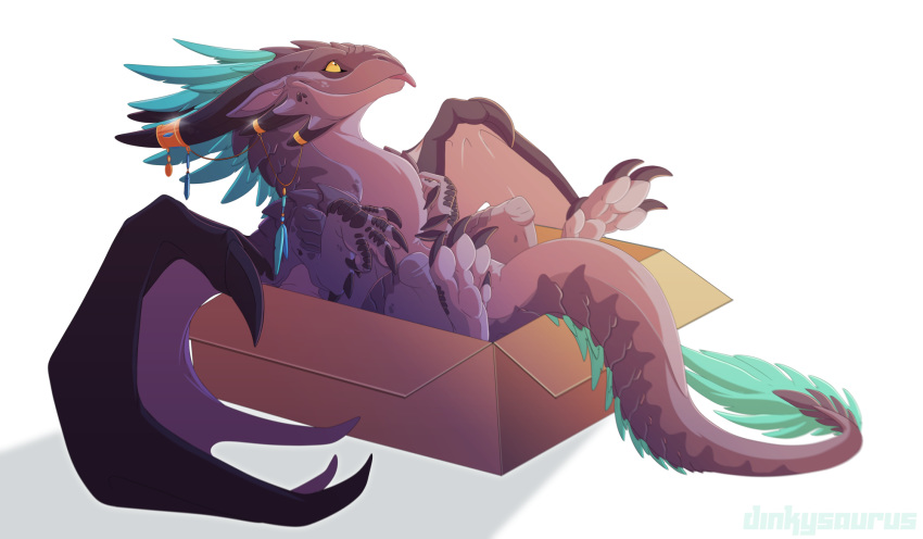 amber_eyes box claws container digital_media_(artwork) dinkysaurus dragon european_mythology feathers feral hi_res lying mythological_creature mythological_scalie mythology nil on_back purple_body purple_scales scales scalie solo tail tongue western_dragon wings