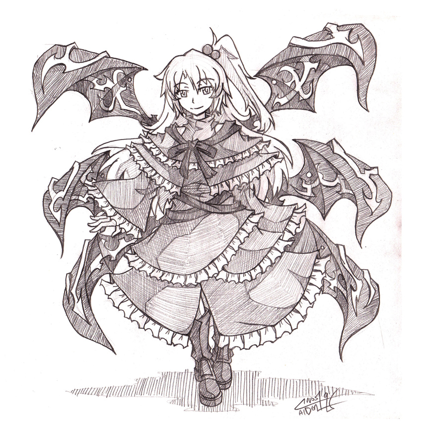 absurdres boots commentary female graphite_(medium) hair_bobbles hair_ornament highres long_hair monochrome multiple_wings one_side_up photoshop_(medium) shinki_(touhou) smile sogin touhou touhou_(pc-98) traditional_media turtleneck wings