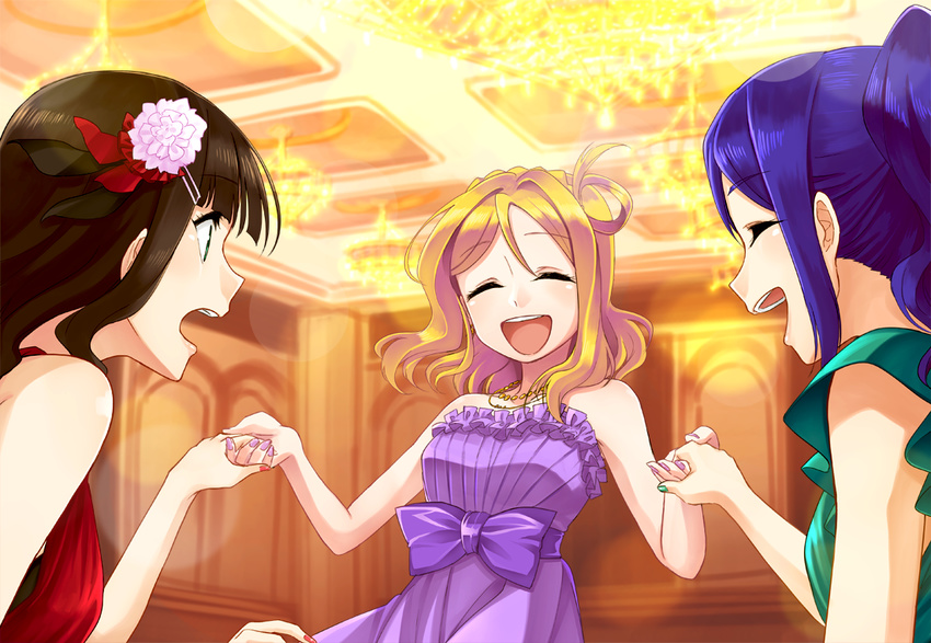 3girls ^_^ ballroom black_hair blonde_hair blue_hair blunt_bangs bow braid closed_eyes commentary crown_braid dress flower frilled_dress frills green_nails hair_flower hair_ornament hair_rings hairpin holding_hands jewelry kurosawa_dia long_hair love_live! love_live!_sunshine!! matsuura_kanan multiple_girls nail_polish necklace no_mole ohara_mari open_mouth ponytail purple_bow purple_dress purple_nails red_nails rurie_(lourie) smile strapless strapless_dress