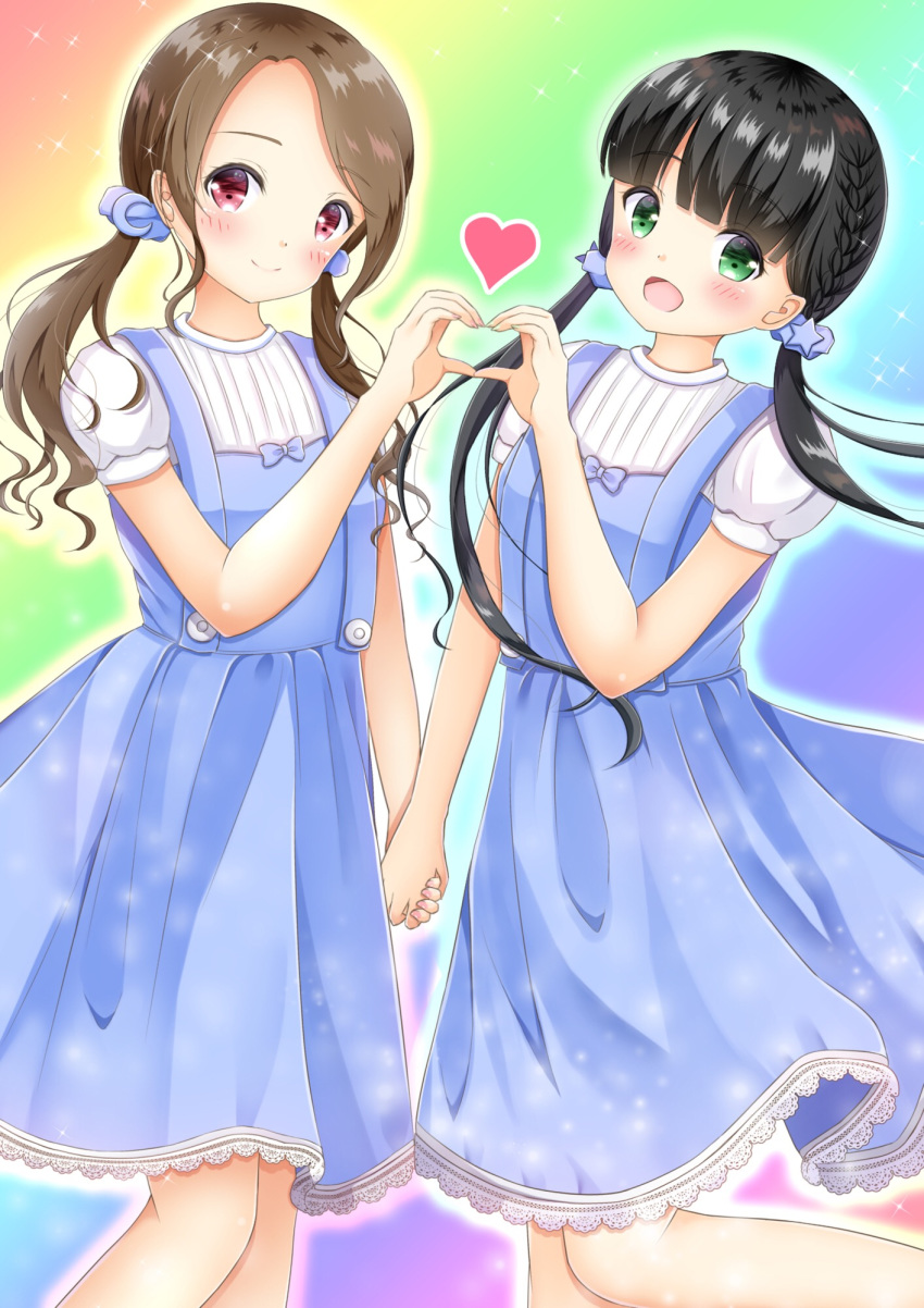 2girls :d black_hair blue_dress blue_scrunchie blush brown_hair closed_mouth commentary_request copyright_request crescent crescent_hair_ornament dress fingernails green_eyes green_nails hair_ornament hair_scrunchie head_tilt heart heart_hands heart_hands_duo highres holding_hands inahori long_hair looking_at_viewer low_twintails multiple_girls nail_polish open_mouth pink_nails puffy_short_sleeves puffy_sleeves rainbow_background red_eyes scrunchie shirt short_sleeves sleeveless sleeveless_dress smile sparkle standing standing_on_one_leg star_(symbol) star_hair_ornament swept_bangs twintails very_long_hair white_shirt