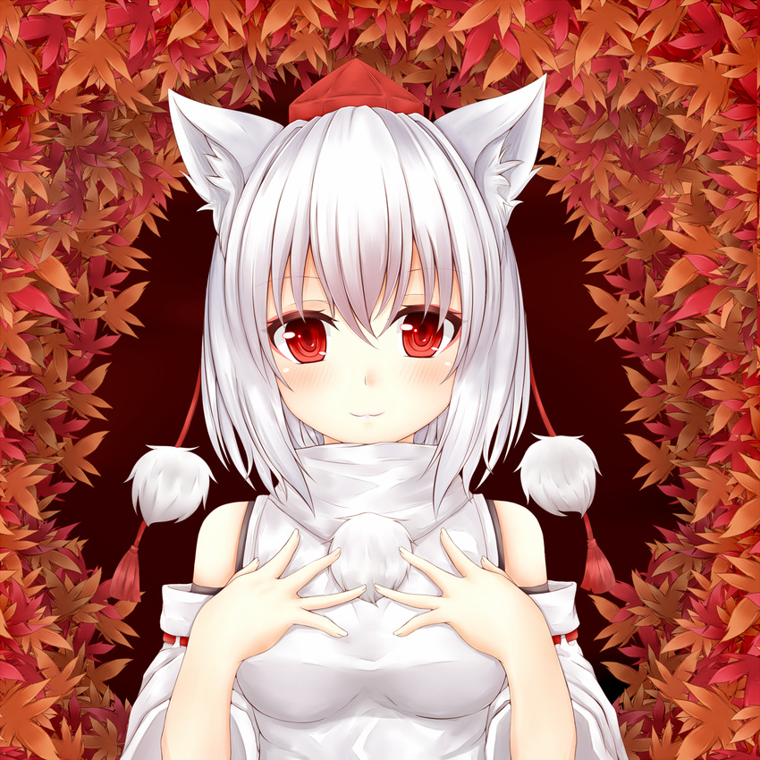 :3 animal_ears autumn_leaves banned_artist bare_shoulders blush breasts detached_sleeves hand_on_own_chest hat highres inubashiri_momiji large_breasts leaf leaf_background looking_at_viewer oohirakeisuke pom_pom_(clothes) red_eyes short_hair silver_hair solo tokin_hat touhou wolf_ears