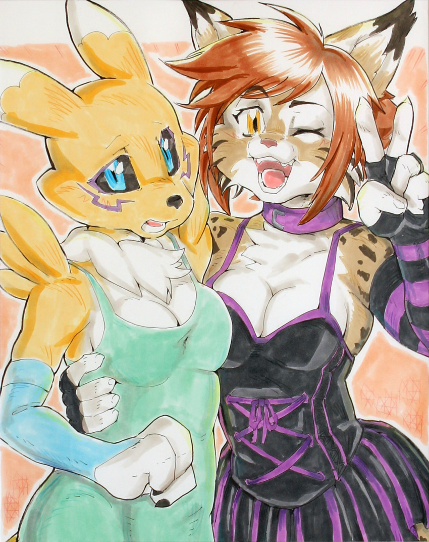 2017 3_fingers 5_fingers anthro armwear bandai_namco black_sclera blue_eyes blush breast_squish breasts breasts_frottage bridal_gauntlets camera canid canine cheerful chest_tuft cleavage clothed clothing collar daigaijin digimon digimon_(species) dipstick_ears dress duo ear_markings felid feline female female/female fingers fur gesture hair half-length_portrait hand_gesture hi_res kidrena looking_at_viewer lynx mammal multicolored_body multicolored_ears multicolored_fur neck_tuft one_eye_closed open_mouth open_smile portrait pose red_hair renamon shy side_boob simple_background smile squish traditional_media_(artwork) tuft two_tone_body two_tone_fur v_sign wink yellow_eyes zaire_(nightdancer)