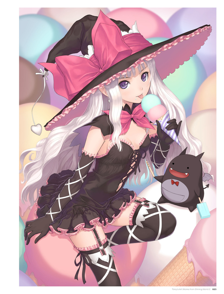 :d bat_wings black_dress black_gloves black_thighhighs bow bowtie breasts capelet demon demon_tail dress earrings elbow_gloves elf female food food_on_face frills garter_straps gloves hat heart highres ice_cream ice_cream_cone ice_cream_on_face jewelry licking lolita_fashion long_hair looking_at_viewer melty_(shining_hearts) monster navel official_art open_mouth petite pointy_ears popsicle_stick purple_eyes ribbon shining_(series) shining_hearts short_dress sitting small_breasts smile solo sorbe_(shining_hearts) strapless strapless_dress striped tail thighhighs tongue tongue_out tony_taka very_long_hair wavy_hair white_hair wings witch witch_hat zettai_ryouiki