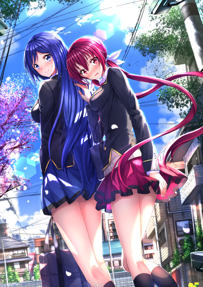 2girls bag black_legwear blue_eyes blue_hair blush cherry_blossoms cloud commentary_request day from_behind highres joukamachi_no_dandelion kneehighs lens_flare long_hair long_legs looking_at_viewer looking_back low_twintails multiple_girls outdoors pink_eyes pink_hair power_lines sakurada_akane sakurada_aoi school_bag school_uniform skirt sky smile socks swordsouls tree twintails very_long_hair