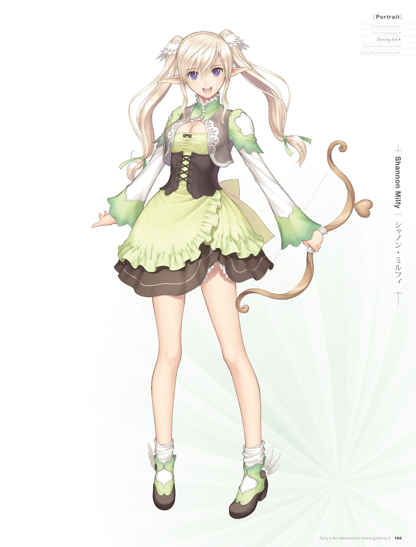 :d artist_name blonde_hair bow_(weapon) breasts cleavage copyright_name dress elf female full_body green_dress hair_ornament highres holding holding_weapon long_hair looking_at_viewer medium_breasts open_mouth pointy_ears purple_eyes shannon_(shining_ark) shining_(series) shining_ark shining_world simple_background smile socks solo standing tony_taka twintails weapon white_background white_socks