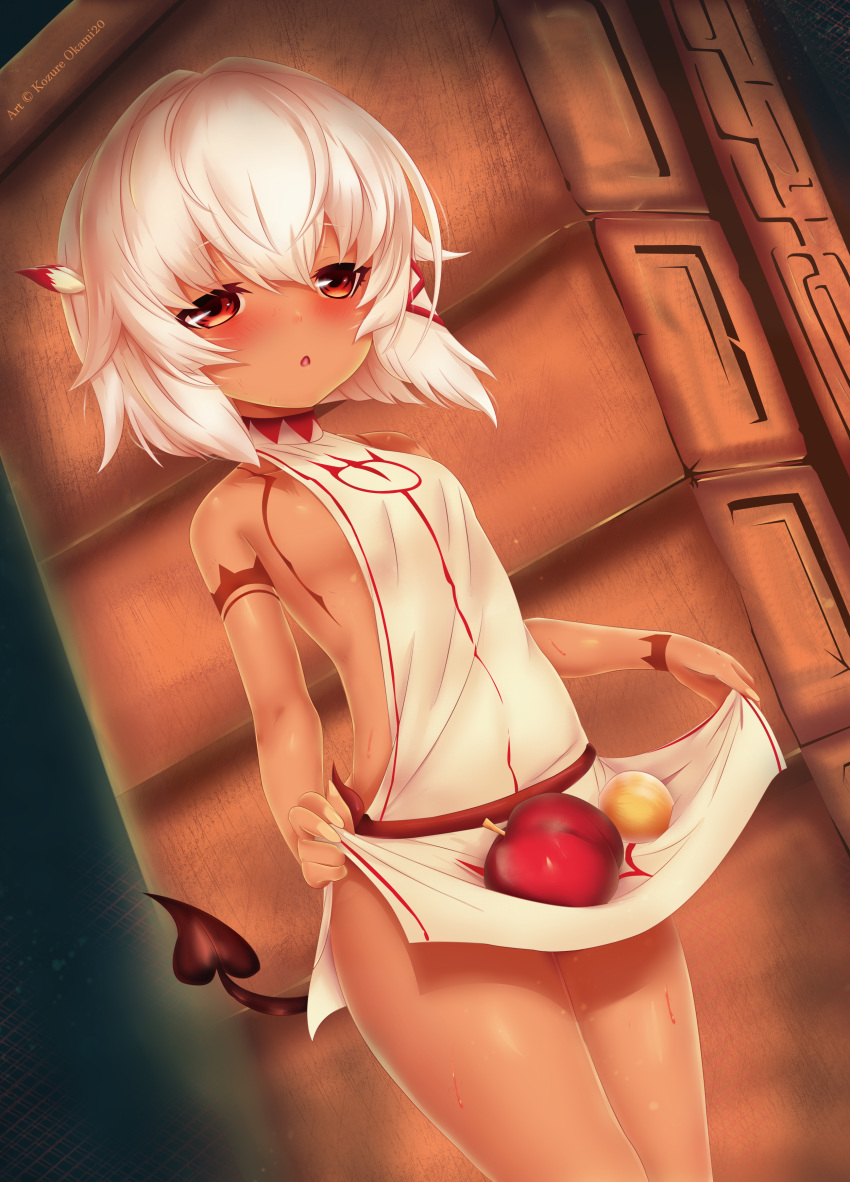 absurdres apple bare_shoulders black_hair blush dark_skin demon_girl female food fruit hair_ribbon half-closed_eyes highres kozureokami20 looking_at_viewer m-da_s-tarou purple_eyes ribbon rocoroco skirt_basket succubus sweat tail tanaka_the_wizard tattoo tress_ribbon turtleneck_dress white_hair