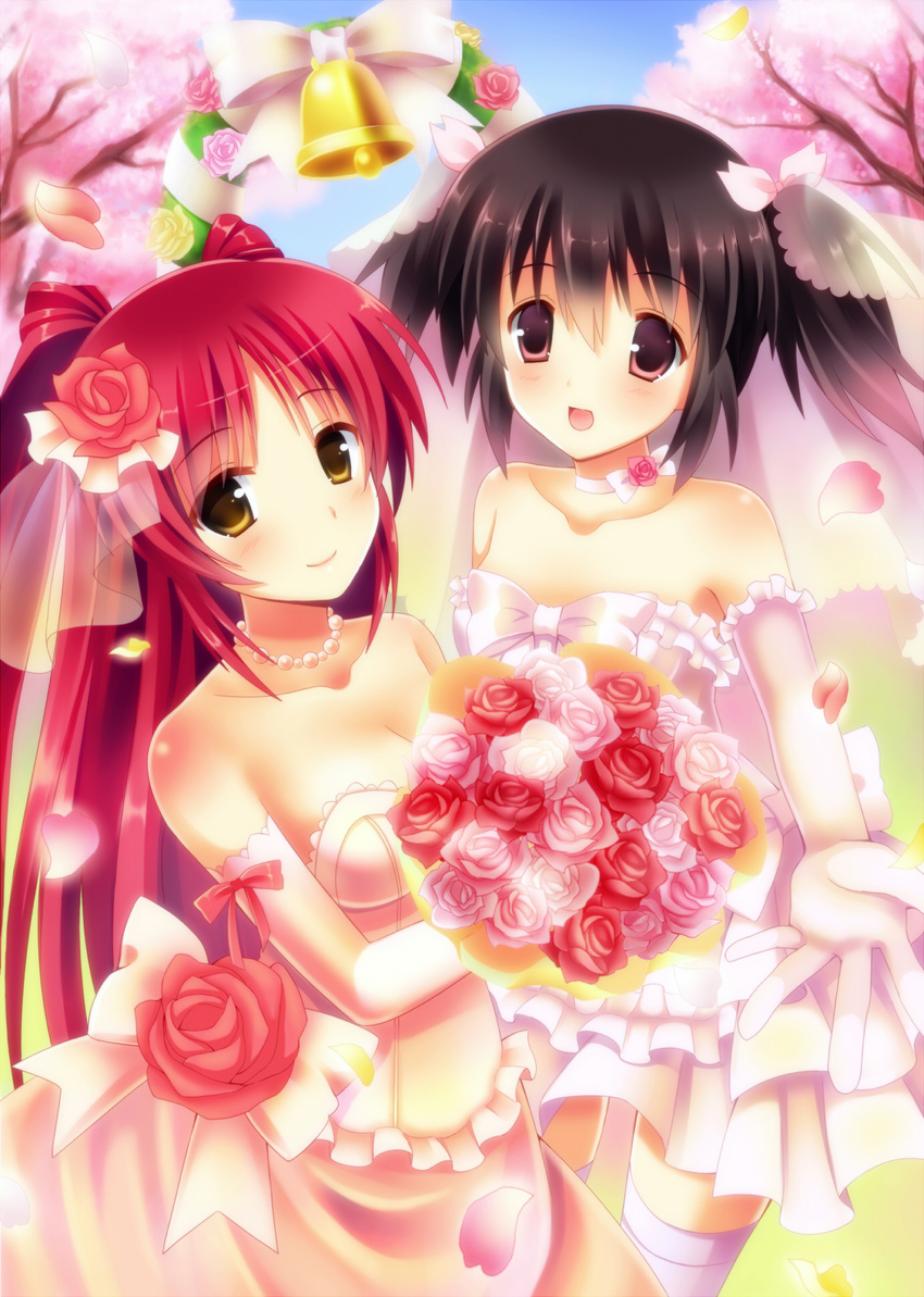 2girls arch black_hair bouquet breasts bridal_veil bride cherry cherry_blossoms collarbone commentary_request dress elbow_gloves floral_arch flower food frilled_dress frills fruit gloves highres kousaka_tamaki large_breasts light_smile long_hair looking_at_viewer multiple_girls off_shoulder open_mouth outdoors red_eyes red_hair short_dress short_twintails small_breasts smile suzumia_(daydream) thighhighs to_heart_(series) to_heart_2 twintails veil wedding wedding_dress white_thighhighs yellow_eyes yuzuhara_konomi