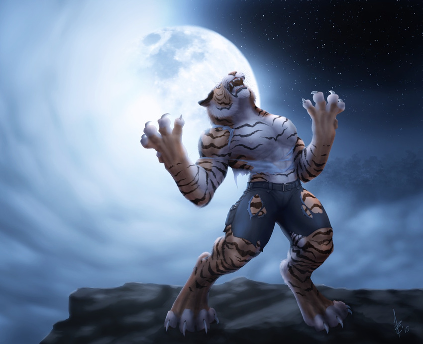 2015 4_toes abs anthro barefoot belt biceps biped blacktigerr bottomwear claws clothed clothing detailed_background digital_media_(artwork) digitigrade fangs feet felid full_moon fur growth looking_up male mammal moon multicolored_body multicolored_fur muscle_growth muscular muscular_anthro muscular_male night nipples open_mouth orange_body orange_fur outside pantherine pants pecs pink_nose pose roaring sharp_teeth shirt sky solo standing star stripes teeth tiger toe_claws toes topless topwear torn_clothing transformation were werefelid werepantherine weretiger white_body white_fur yellow_eyes