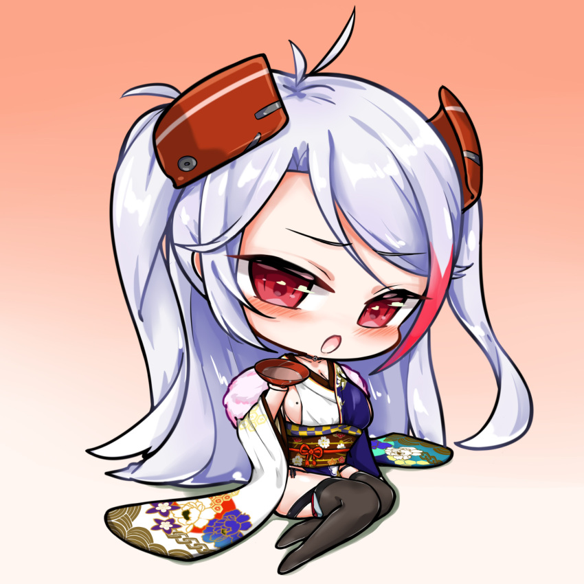 alcohol azur_lane black_thighhighs blue_kimono blush breasts brown_background brown_thighhighs chibi cleavage collarbone commentary_request cup female fur_collar gradient_background grey_hair head_tilt headgear highres holding holding_cup japanese_clothes kimono large_breasts limitlimlim long_hair long_sleeves looking_at_viewer mole mole_on_breast multicolored_clothes multicolored_hair multicolored_kimono no_shoes official_alternate_costume open_mouth prinz_eugen_(azur_lane) prinz_eugen_(profusion_of_flowers)_(azur_lane) red_eyes red_hair sakazuki sake sideboob sitting solo streaked_hair thighhighs very_long_hair white_background white_kimono wide_sleeves yokozuwari