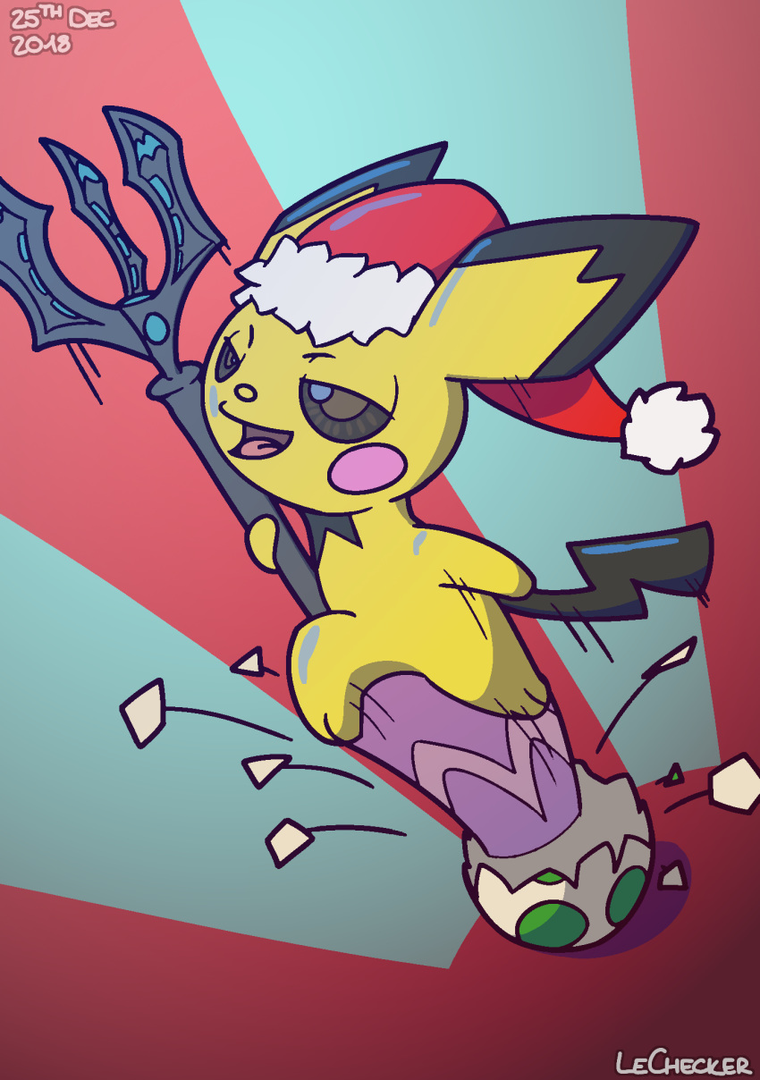 2018 ambiguous_gender christmas christmas_clothing christmas_headwear clothing digital_media_(artwork) feral fur generation_2_pokemon hat headgear headwear hi_res holding_object holidays lechecker mammal melee_weapon misleading_thumbnail nintendo open_mouth pichu pokemon pokemon_(species) polearm rodent santa_hat simple_background smile solo tongue trident weapon yellow_body yellow_fur