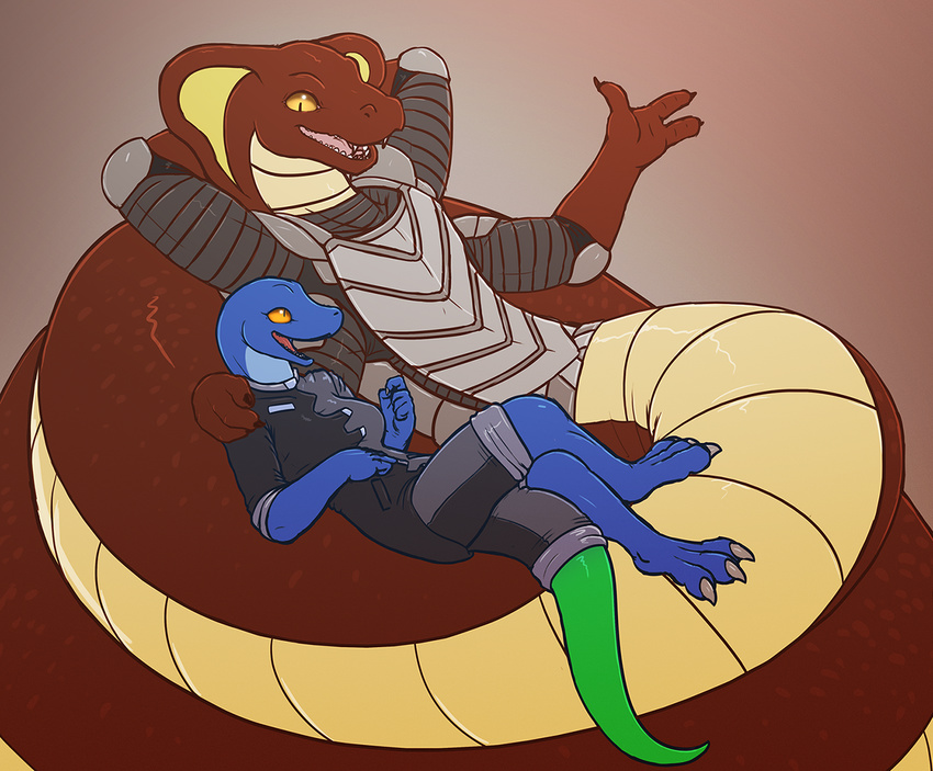 2015 3_fingers 3_toes 4_arms amber_eyes anole anthro apode belly blue_anole blue_body blue_scales breasts brown_background brown_body brown_scales claws clothed clothing cobra digital_media_(artwork) draconcopode duo eliza_(vader-san) fangs feet female fingers glek_tarssza legless lizard lying male multi_arm multi_limb multicolored_body multicolored_scales naga non-mammal_breasts open_mouth orange_eyes orange_sclera paws reptile scales scalie serpentine simple_background smile snake snake_hood ta'rall tan_belly tan_body tan_scales teeth toe_claws toes tongue two_tone_body two_tone_scales vader-san