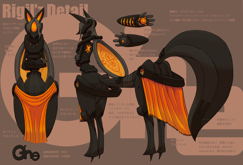 2013 black_body breasts brown_background canid canine english_text female fox grey_hair hair handymonsters japanese_text machine mammal rigil robot sho_shibamoto simple_background solo taur text translation_request