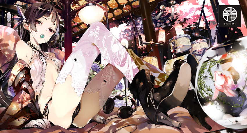 ass babydoll black_hair boots brown_eyes candy commentary_request drum drum_set female fish fishbowl food frills goldfish hair_ornament headphones hime_cut instrument lollipop long_hair long_legs looking_at_viewer microphone mouth_hold open_clothes original panties shunsei_(muratou) side-tie_panties sitting skinny solo studio_microphone thighhighs underwear