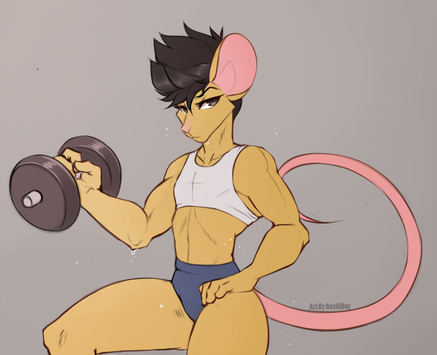 anthro athletic_wear big_ears bodily_fluids bottomwear bra brown_hair clothed clothing digital_media_(artwork) dumbbell exercise female geekidog gym_bottomwear gym_shorts hair high_waisted_bottomwear high_waisted_shorts looking_at_viewer mammal marie_(mightypoohead) mouse murid murine muscular muscular_anthro muscular_female pink_nose rodent shorts simple_background solo sports_bra sweat underwear weightlifting weights workout