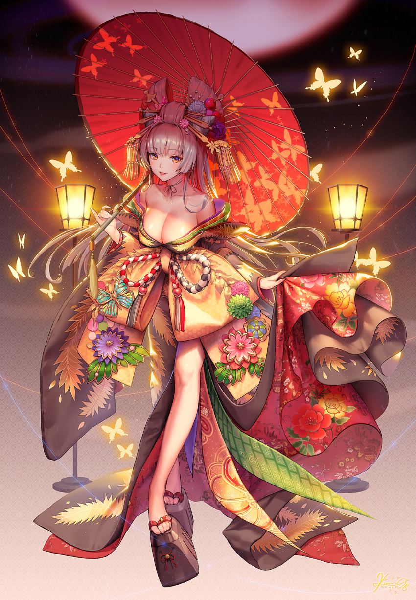 bare_shoulders bathory_(destiny_child) blush breasts brown_eyes bug butterfly cleavage commentary_request destiny_child female geta highres japanese_clothes kimono kkuem lantern long_hair looking_at_viewer new_year off_shoulder parasol photoshop_(medium) smile solo umbrella white_hair