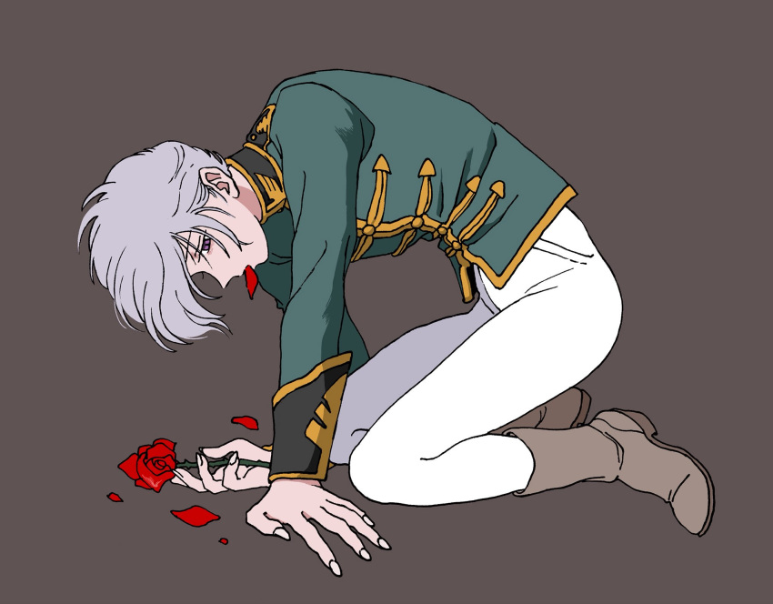 1boy angelo_sauper boots commentary_request flower grey_hair gundam gundam_unicorn highres jimhwf kneeling male_focus military military_uniform petals purple_eyes rose solo uniform