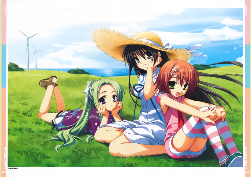 3girls :d absurdres aqua_eyes beamed_eighth_notes black_hair brown_hair bush cloud day dress eighth_note field grass green_eyes green_hair hair_ornament hair_ribbon hairclip hands_on_own_cheeks hands_on_own_face hat hat_ribbon highres hood hoodie hugging_own_legs japanese_clothes kimono kimono_skirt kobuichi kousaka_chihaya lace lace-trimmed_skirt lace_trim legs_up lying miyoshi_yuiko multiple_girls muririn musical_note musical_note_print natsuzora_kanata on_stomach open_mouth outdoors own_hands_clasped own_hands_together purple_eyes quarter_note ribbon sandals scan shichijou_sasara shoes shorts skirt sky sleeveless sleeveless_hoodie smile staff_(music) straw_hat striped_clothes striped_thighhighs sundress thighhighs tucking_hair water white_ribbon wind_turbine x_hair_ornament