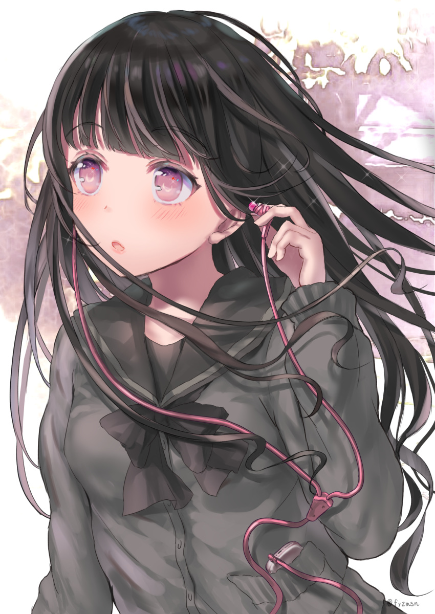 :o black_bow black_bowtie black_hair blunt_bangs blush bow bowtie cellphone commentary_request earbuds earphones female fuyuzima glint highres long_hair long_sleeves open_mouth original phone purple_eyes school_uniform serafuku single_earphone_removed smartphone solo sparkle twitter_username upper_body