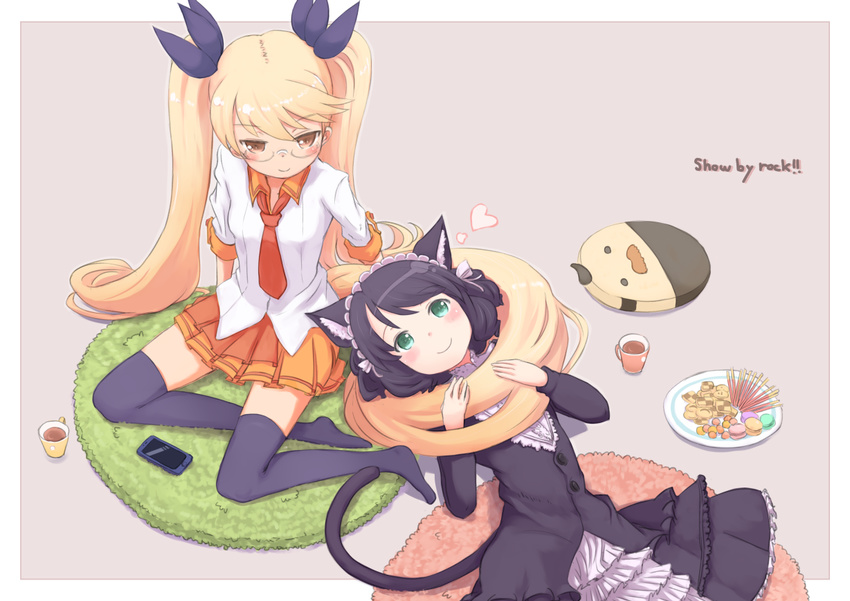 2girls animal_ears arisugawa_maple black_hair black_legwear blonde_hair blush bonnet brown_eyes cat_ears cat_girl cat_tail cellphone coffee_mug commentary cookie cup cyan_(show_by_rock!!) dog_tail drill_hair eyewear_on_head food gothic_lolita green_eyes hair_ribbon heart hugging_another's_tail hugging_tail kokotetsu lolita_fashion long_hair long_sleeves loose_necktie lying mug multiple_girls necktie on_back phone pillow pocky retoree_(show_by_rock!!) ribbon shirt show_by_rock!! sitting skirt smile table tail tail_wrap thighhighs twintails very_long_hair yuri zettai_ryouiki