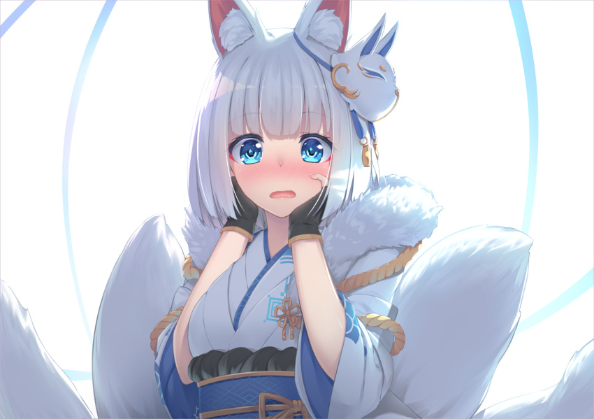 animal_ear_fluff animal_ears azur_lane backlighting black_gloves blue_eyes blunt_bangs blush bob_cut commentary eyeliner female fingerless_gloves flower_knot fox_ears fox_mask fox_tail fur_collar gloves gold_trim hands_on_own_cheeks hands_on_own_face hands_up japanese_clothes kaga_(azur_lane) kaga_(white_fox's_new_year)_(azur_lane) kimono kitsune long_sleeves looking_at_viewer makeup mask mask_on_head multiple_tails nose_blush obi official_alternate_costume olive_(laai) open_mouth photoshop_(medium) print_kimono raised_eyebrows rope sash shimenawa short_hair solo tail upper_body white_background white_hair white_kimono