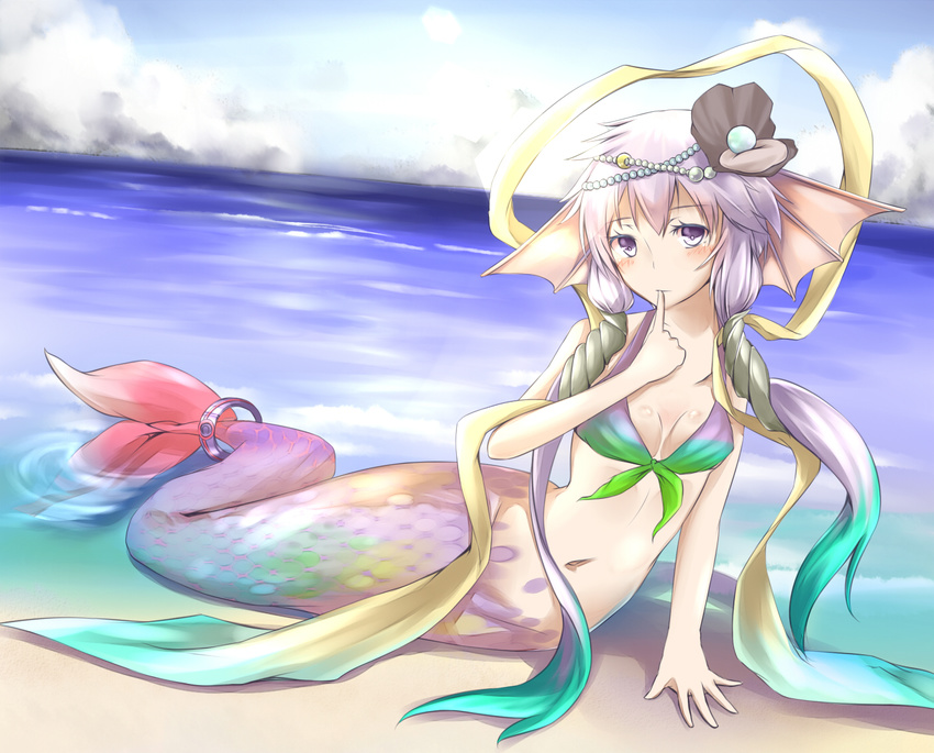 animal_ears aqua_hair arm_support beach beads bikini bikini_top_only blush breasts cloud cloudy_sky commentary_request day female finger_to_mouth fins front-tie_top full_body gem gradient_hair hair_ornament head_fins heterochromia horizon jewelry leglus light_purple_hair long_hair looking_at_viewer lying mermaid monster_girl multicolored_hair navel ocean on_ground on_side outdoors oyster pearl_(gemstone) purple_eyes purple_hair ring sand scales shawl shell shell_hair_ornament sky small_breasts solo swimsuit tail tail_ornament tail_ring very_long_hair vocaloid voiceroid yuzuki_yukari