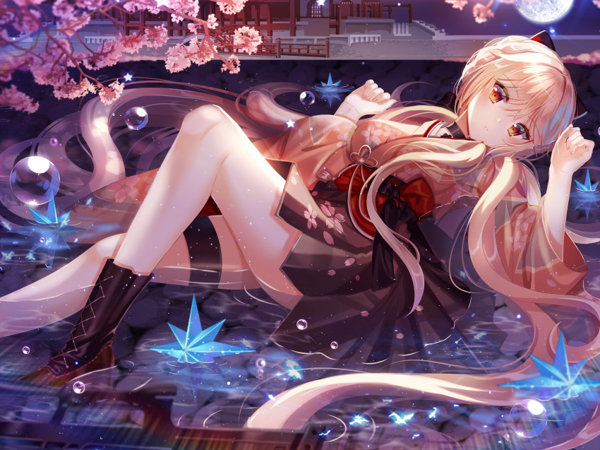 absurdly_long_hair absurdres alternate_costume assault_rifle bad_id bad_pixiv_id black_gloves blonde_hair blush boots braid breasts bullpup cherry_blossoms choker closed_mouth commentary_request cross-laced_footwear ecu8080 expressionless female floral_print full_moon girls'_frontline gloves gun hakama hakama_short_skirt hakama_skirt hands_up high-waist_skirt highres japanese_clothes kimono knee_up lace-up_boots lens_flare light_particles long_hair looking_at_viewer moon night night_sky obi official_alternate_costume ots-14_(flurry_of_petals)_(girls'_frontline) ots-14_(girls'_frontline) ots-14_groza outdoors partially_submerged pink_kimono pleated_skirt reclining revision rifle sash sidelocks skirt sky solo sparkle thigh_strap very_long_hair water_drop weapon wet yellow_eyes