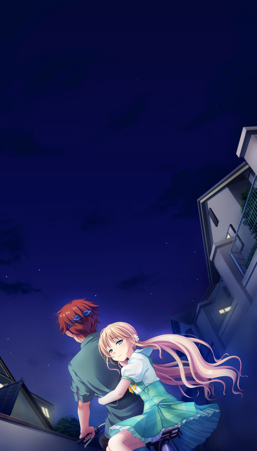 1boy aged_down aqua_eyes astraythem bandana bicycle blonde_hair female flower game_cg ginta hair_flower hair_ornament highres long_hair multiple_riders night non-web_source riding sakurazuka_natsuki sakurazuka_tsukumo sidesaddle skirt sky star_(symbol) twintails