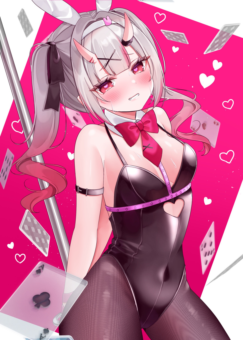 absurdres ace_(playing_card) ace_of_clubs ace_of_hearts animal_ears arms_behind_back black_leotard black_pantyhose blush card clothing_cutout club_(shape) cutout_above_navel detached_collar fake_animal_ears female gradient_hair grey_hair hair_ornament heart heart-shaped_pupils heart_cutout highres hololive horns leotard long_hair looking_at_viewer multicolored_hair nakiri_ayame ohagetty pantyhose playboy_bunny playing_card pole rabbit_ears rabbit_hole_(vocaloid) red_eyes red_hair seven_of_clubs skin-covered_horns solo stripper_pole symbol-shaped_pupils virtual_youtuber x_hair_ornament