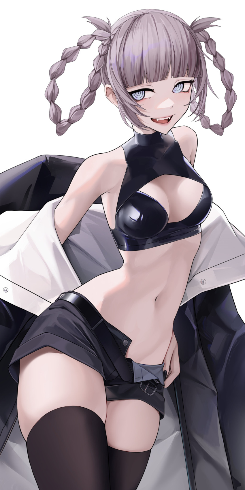 absurdres black_shorts black_thighhighs blue_eyes braided_hair_rings breasts cleavage cleavage_cutout clothing_cutout fangs female hair_rings highres jacket looking_at_viewer medium_breasts nanakusa_nazuna_(yofukashi_no_uta) navel open_clothes open_fly open_jacket open_mouth ringed_eyes shorts simple_background smile solo stomach thighhighs vampire waytok white_background yofukashi_no_uta