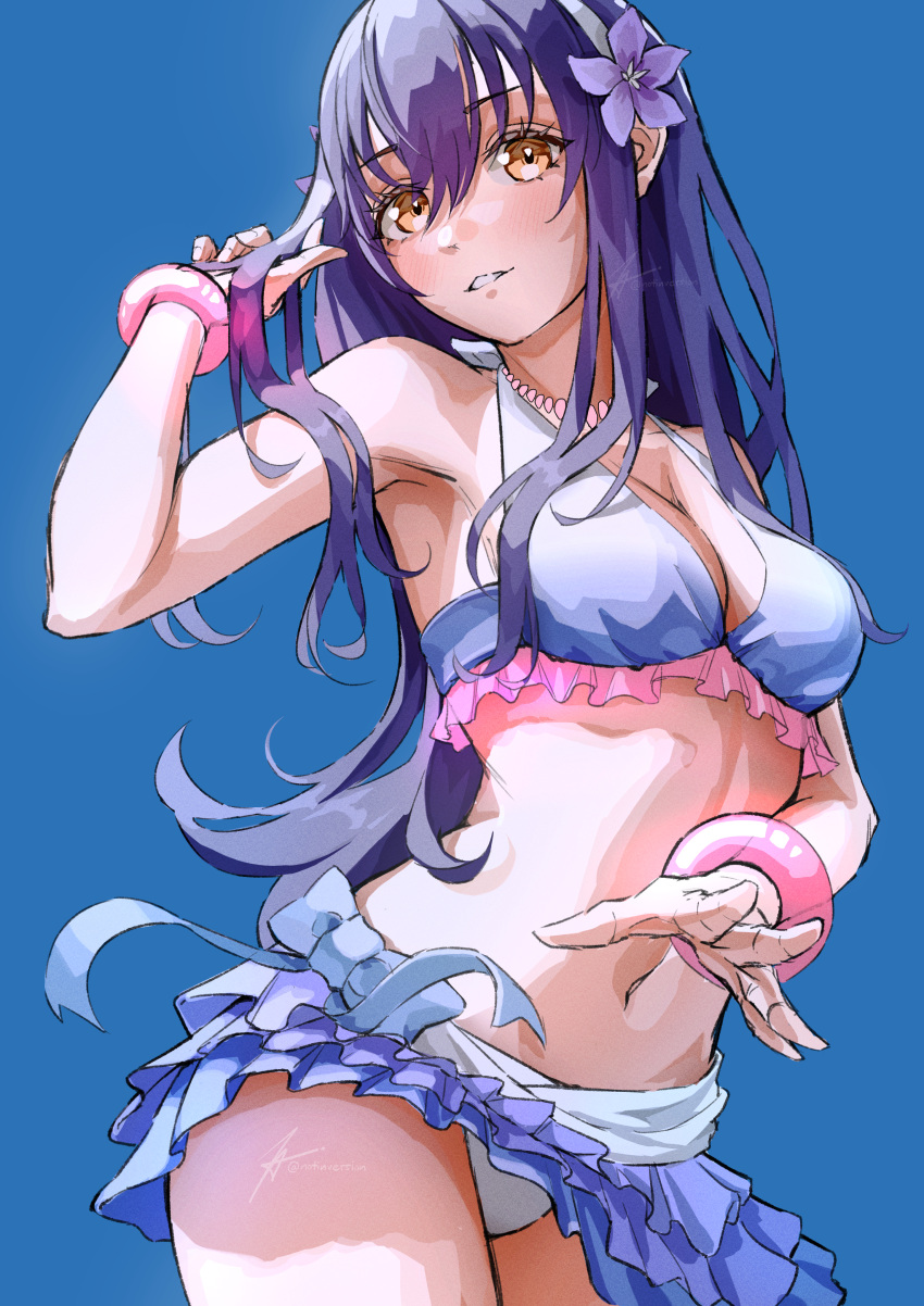 absurdres bikini birthday blue_background blue_hair breasts cleavage female flower hair_flower hair_ornament highres jewelry light_smile long_hair looking_at_viewer love_live! love_live!_school_idol_project natsuiro_egao_de_1_2_jump! necklace notinversion signature small_breasts sonoda_umi swimsuit twitter_username upper_body yellow_eyes