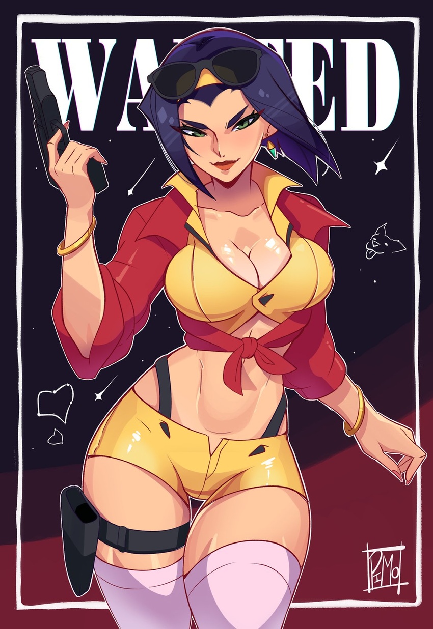 abs artist_name black_background blunt_ends bob_cut border breasts cleavage collarbone commentary cowboy_bebop cowboy_shot crop_top earrings english_commentary eyewear_on_head faye_valentine female finger_on_trigger gold_bracelet gradient_background green_eyes gun hair_slicked_back hairband hand_up handgun highres holding holding_gun holding_weapon holster inverted_bob jewelry large_breasts lipstick long_sleeves looking_at_viewer makeup midriff narrowed_eyes open_clothes open_shirt outline outside_border pimozzarella purple_eyes purple_hair red_background red_lips red_shirt shirt short_hair short_shorts shorts signature solo sunglasses suspenders thigh_gap thigh_holster thigh_strap thighhighs tied_shirt toned toned_female v-shaped_eyebrows wanted weapon white_border white_outline white_thighhighs widow's_peak wind yellow_hairband yellow_shirt yellow_shorts