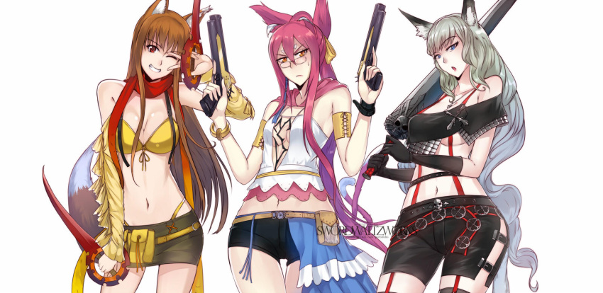 3girls animal_ears belt_pouch black_gloves blazblue blue_eyes blue_hair breasts brown_hair cat_ears cat_girl cat_tail cleavage commission cosplay final_fantasy final_fantasy_x final_fantasy_x-2 frown glasses gloves gradient_hair green_hair gun highres holding holding_gun holding_weapon holo kokonoe_(blazblue) long_hair looking_at_viewer medium_breasts miniskirt multicolored_hair multiple_girls navel oboro_muramasa one_eye_closed open_mouth orange_eyes paine_(ff10) paine_(ff10)_(cosplay) panty_straps parted_lips pink_hair pouch red_eyes rikku_(ff10) rikku_(ff10)_(cosplay) short_shorts shorts skirt smile spice_and_wolf sword swordwaltzworks tail teeth thighs two-tone_hair v very_long_hair weapon white_background wolf_ears wolf_girl wolf_tail yuna_(ff10) yuna_(ff10)_(cosplay) yuzuruha