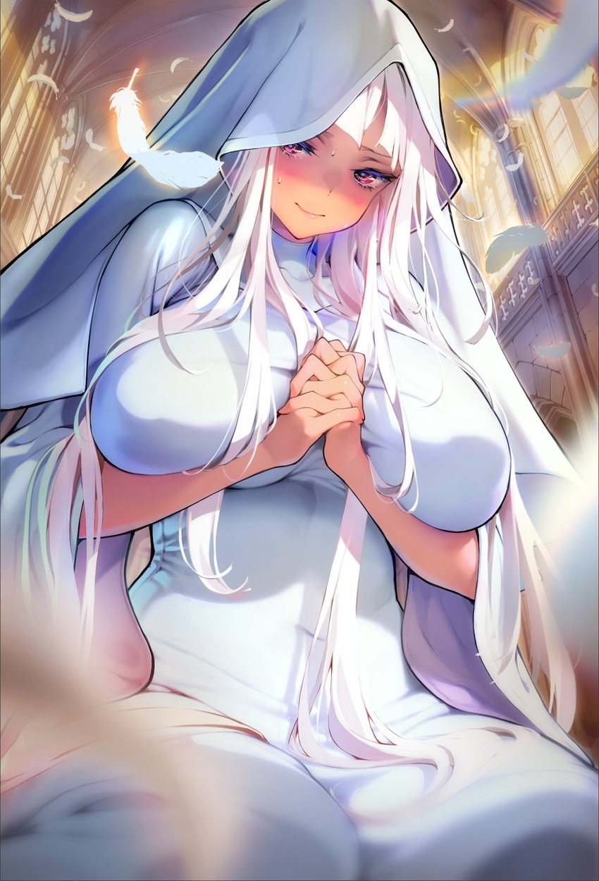 blush breasts cathedral dress feathers female highres huge_breasts indoors interlocked_fingers long_hair looking_at_viewer nun original own_hands_together pink_eyes smile solo sweat tinkle_bell veil very_long_hair white_dress white_hair