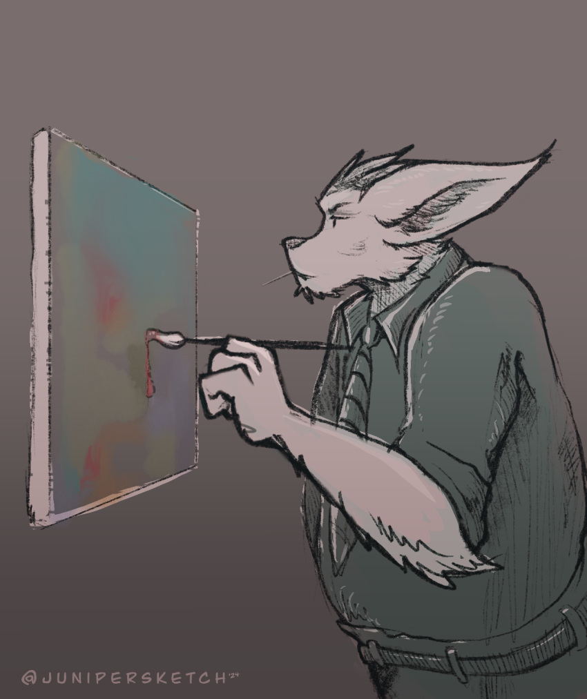 abstract_art belt biting_on_toothpick brush clothed clothing focused fur gradient_background hi_res junipersketch long_ears muted_colors necktie paintbrush painting rexouium simple_background simple_coloring suit toothpick white_body white_fur