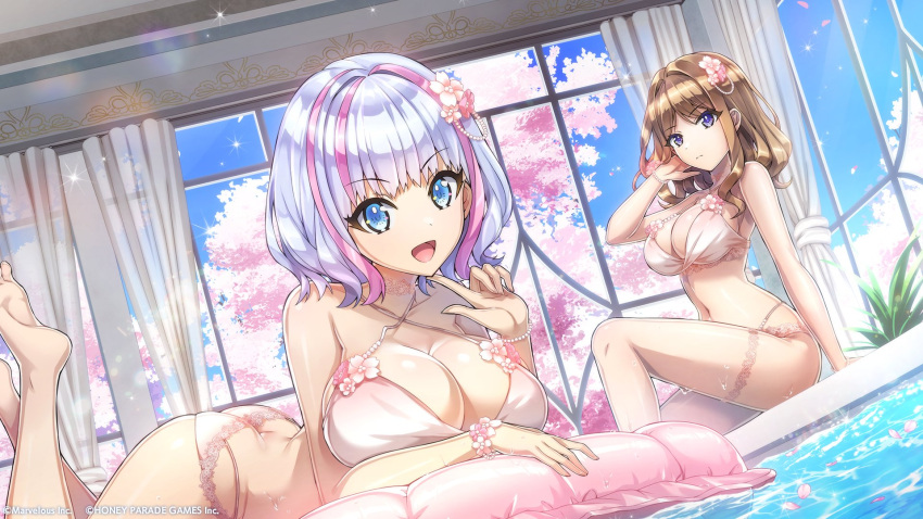 2girls armlet bare_arms bare_shoulders bikini blue_eyes bracelet breasts brown_hair cherry_blossoms cleavage curtains dolphin_wave finger_to_own_chin flower flower-trimmed_bikini flower_trim gradient_bikini hair_flower hair_ornament highres jewelry kukuri_tomo large_breasts looking_at_viewer lying multicolored_hair multiple_girls official_art on_stomach ootomo_takuji pink_bikini pink_hair pool purple_eyes streaked_hair suminoe_shion swimsuit thighhighs window