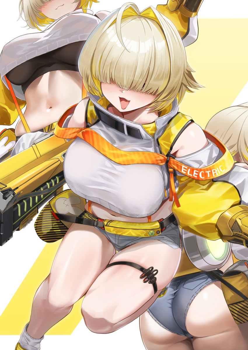 :3 :d ahoge ass ayamo_kaoru black_gloves black_sports_bra blonde_hair blush boomstick_(nikke) breasts closed_mouth clothing_cutout crop_top crop_top_overhang cropped_sweater elegg_(nikke) exposed_pocket female from_behind gloves goddess_of_victory:_nikke grey_shorts hair_intakes hair_over_eyes highres holding holding_weapon large_breasts long_bangs long_sleeves micro_shorts multicolored_clothes multicolored_gloves multicolored_hair multiple_views navel open_mouth plump short_hair shorts shoulder_cutout skindentation smile sports_bra suspender_shorts suspenders thigh_gap thigh_strap thighs two-tone_hair weapon yellow_gloves