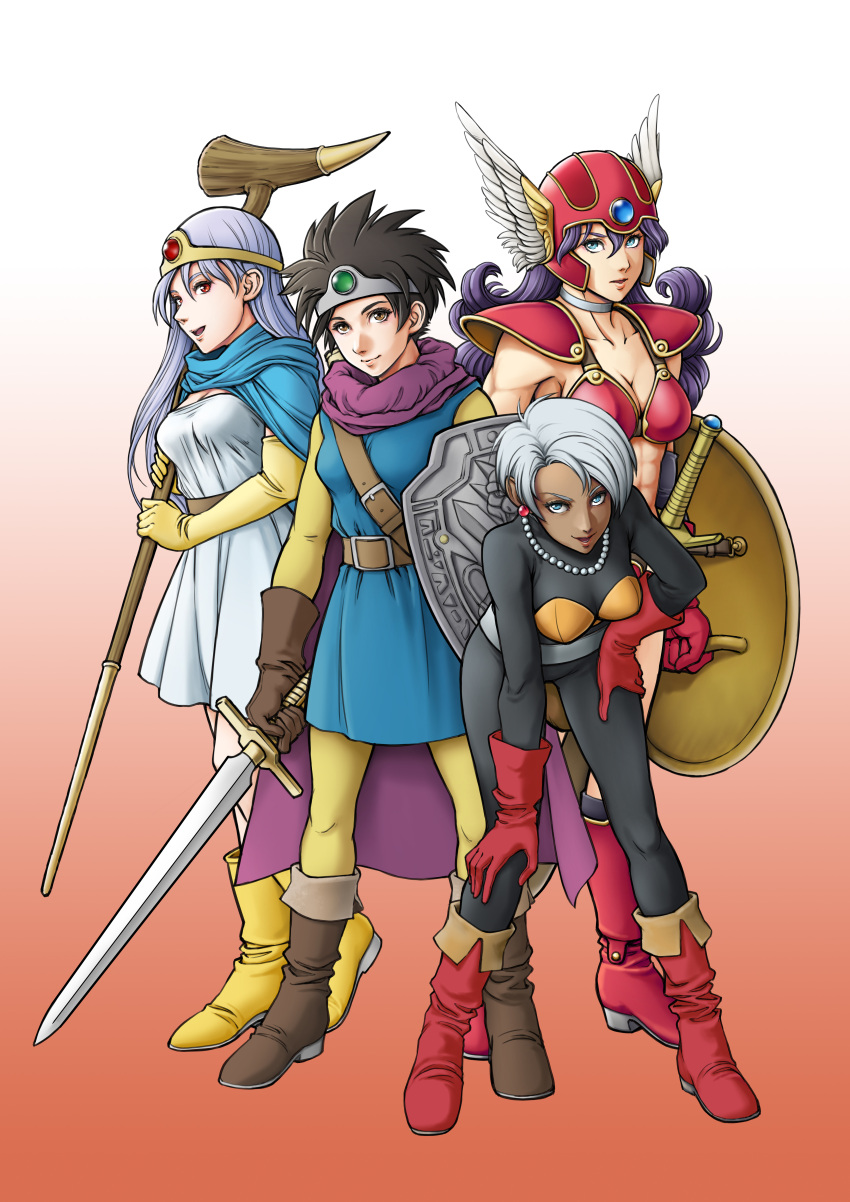 1boy 3girls abs absurdres aritani_mahoro belt black_bodysuit blue_cape blue_tunic bodysuit breasts brown_footwear brown_gloves cape cleavage dark-skinned_female dark_skin dragon_quest dragon_quest_iii earrings elbow_gloves gloves gradient_background helmet hero_(dq3) highres holding holding_shield holding_staff holding_sword holding_weapon jewelry leaning_forward mage_(dq3) medium_breasts midriff multiple_girls necklace pantyhose purple_cape purple_hair red_footwear red_gloves shield short_hair simple_background small_breasts soldier_(dq3) staff standing sword thief_(dq3) toned weapon winged_helmet yellow_footwear yellow_gloves yellow_pantyhose