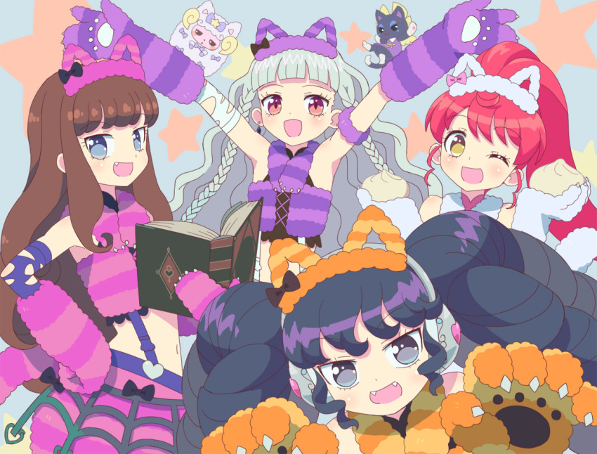 :d ;d animal_ear_hairband animal_ears animal_hands arms_up baozi black_hair blue_eyes blunt_bangs book braid brown_hair cat_ear_hairband cat_ears claw_pose fake_animal_ears fangs food fur_scarf fur_skirt gaaruru_(pripara) gloves grey_hair hairband halloween_costume hand_on_own_hip hand_up hands_up headphones holding holding_book holding_food idol_clothes idol_time_pripara koda_michiru ku_(residual666) kurosu_aroma long_hair looking_at_viewer miichiru_(pripara) neko_(pripara) oerba_yun_fang one_eye_closed open_book open_mouth outstretched_arms paw_gloves pink_scarf pitsuji ponytail pretty_series pripara purple_scarf red_eyes red_hair scarf shiratama_mikan sidelocks silk skirt smile spider_web standing suspender_skirt suspenders twin_braids twintails very_long_hair wavy_hair