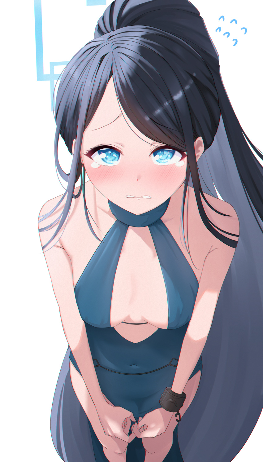 absurdly_long_hair absurdres ako_(blue_archive) ako_(dress)_(blue_archive) ako_(dress)_(blue_archive)_(cosplay) aris_(blue_archive) black_hair blue_archive blue_dress blue_eyes breasts cosplay cuffs dress female halo handcuffs highres long_hair looking_at_viewer md5_mismatch open_mouth poolpool simple_background small_breasts solo very_long_hair white_background