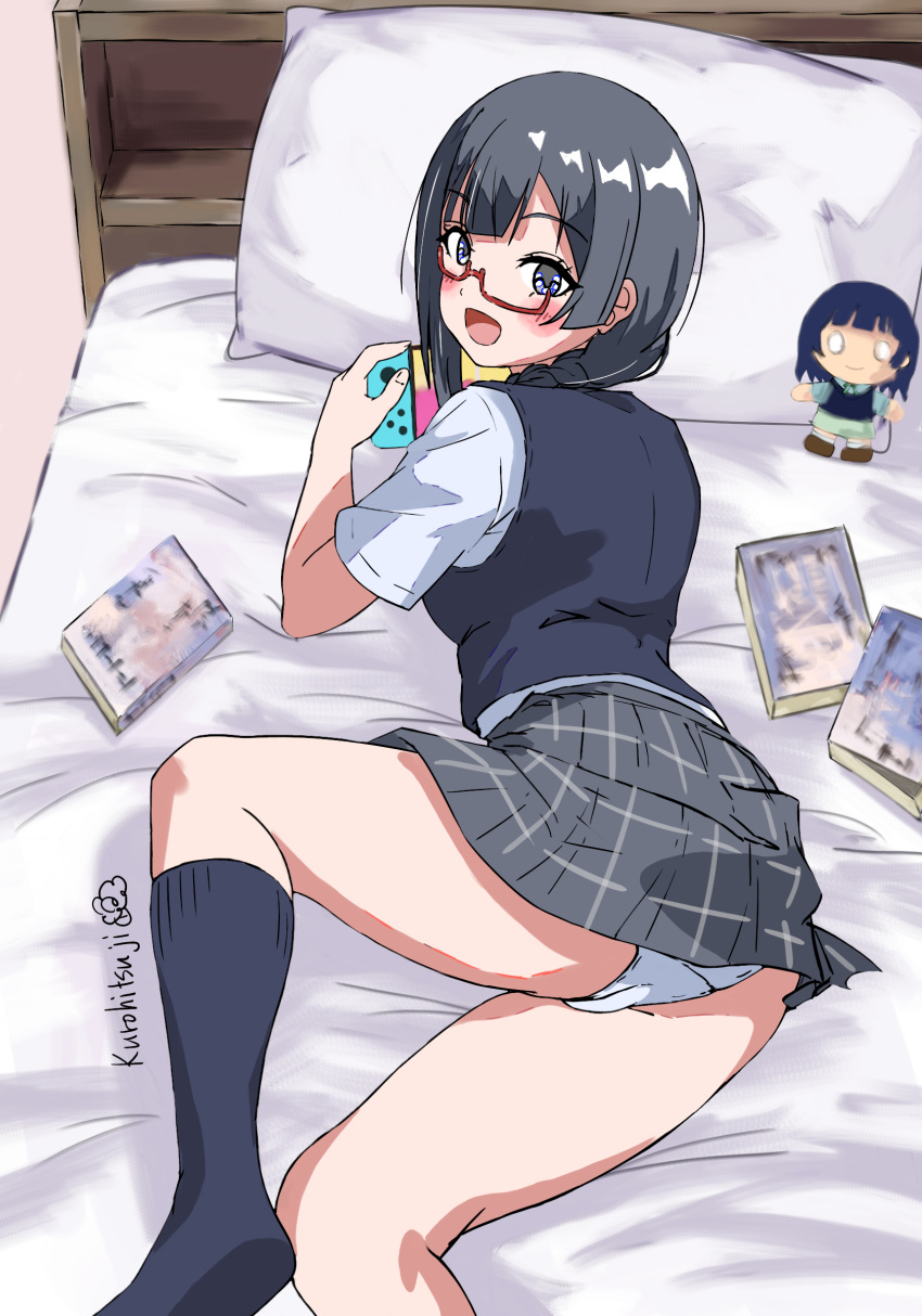 absurdres akiyama_(yehonatan) asaka_karin black_hair blush braid female grey_eyes grey_skirt half-skirt handheld_game_console highres holding holding_handheld_game_console long_hair looking_at_viewer love_live! love_live!_nijigasaki_high_school_idol_club magazine_(object) nintendo_switch panties pantyshot playing_games pleated_skirt red-framed_eyewear skirt smile solo underwear white_panties yuki_setsuna_(love_live!)