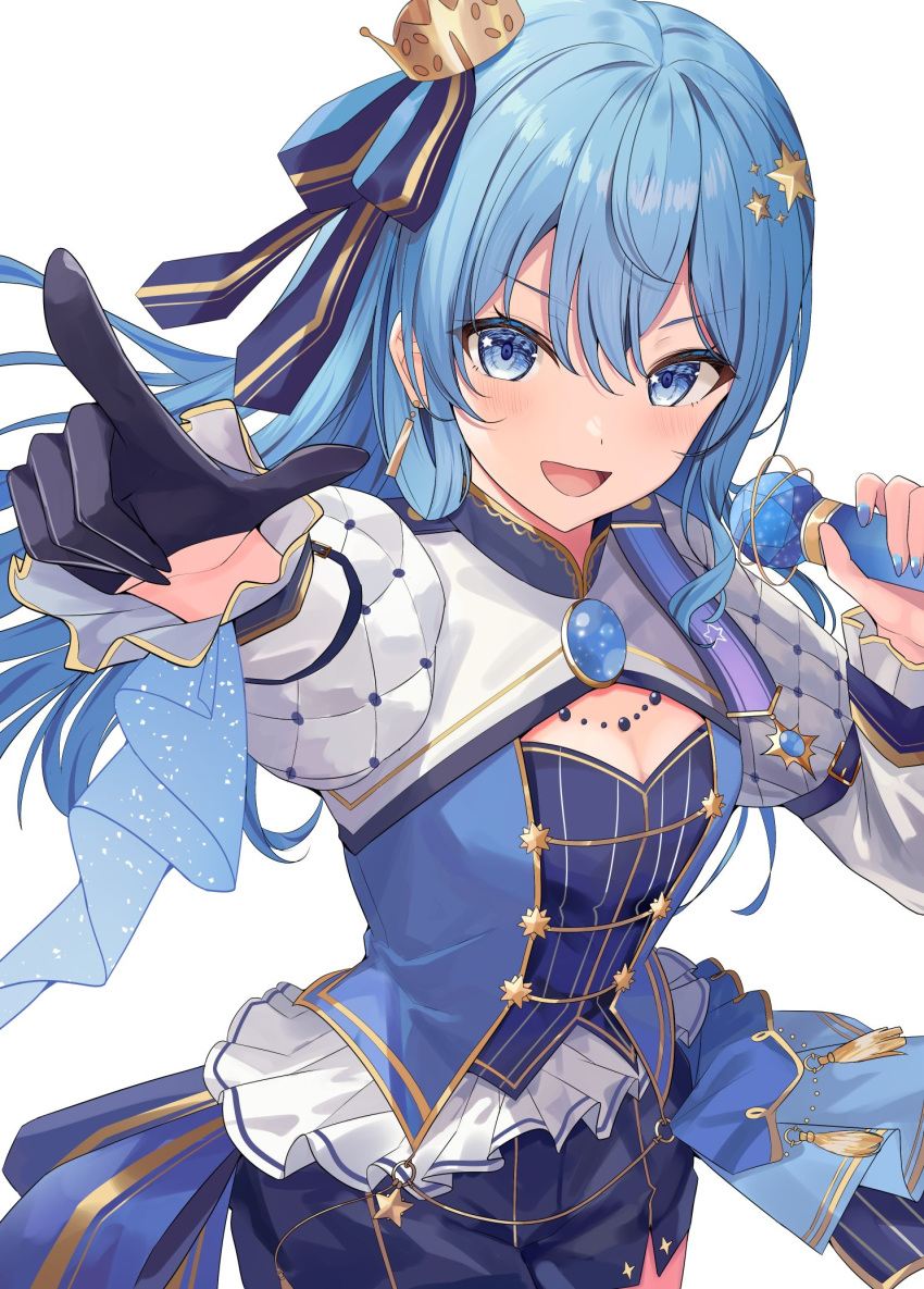 :d adju_ster black_gloves black_shorts blue_bow blue_eyes blue_hair blue_nails blue_shirt bow breasts cleavage cowboy_shot crown detached_sleeves dot_nose female gloves hair_between_eyes hair_ornament hairbow half_gloves highres holding holding_microphone hololive hoshimachi_suisei hoshimachi_suisei_(stellar_into_the_galaxy) juliet_sleeves long_sleeves looking_at_viewer medium_breasts microphone mini_crown nail_polish open_mouth outstretched_arm pointing pointing_at_viewer puffy_sleeves shirt shorts sidelocks simple_background single_glove smile solo star_(symbol) star_hair_ornament v-shaped_eyebrows virtual_youtuber white_background white_shrug