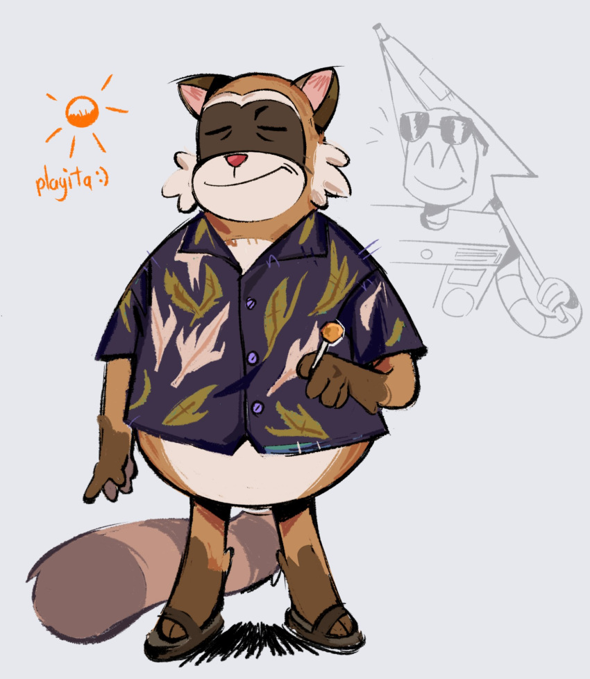 2024 anthro brown_body candy closed_eyes clothing dessert duo eyewear food footwear hi_res lollipop machine male mammal peanutbou procyonid raccoon rascal_(robot_dreams) robot robot_(robot_dreams) robot_dreams sandals shirt slightly_chubby sun sunglasses text topwear