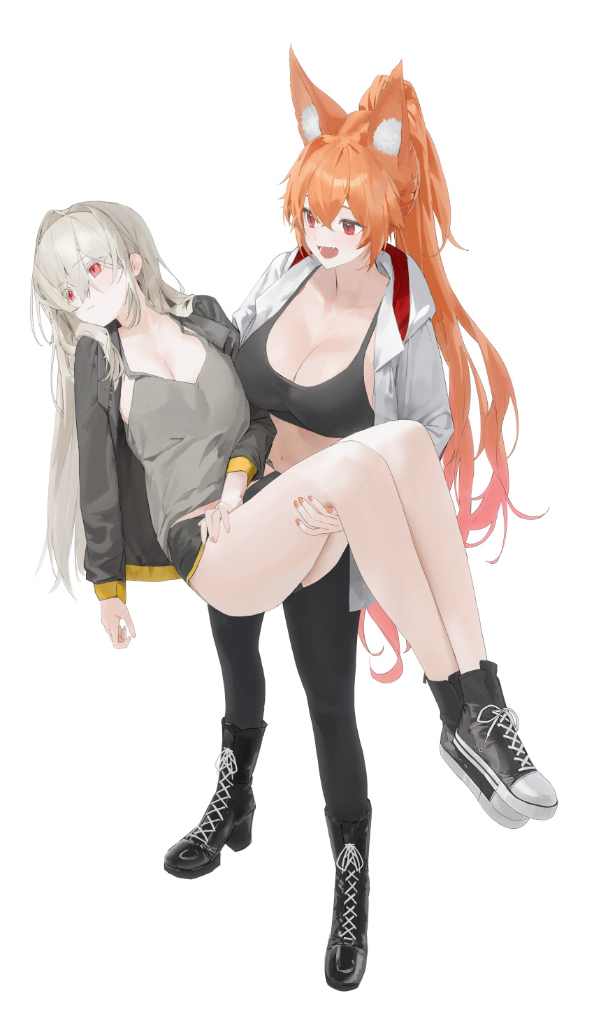 2girls absurdres animal_ears artist_request bare_legs black_footwear black_jacket black_shirt black_shorts boots braid breasts camisole carrying cleavage commission crop_top dolphin_shorts dungeon_and_fighter ellin_meiji fox_ears grey_shirt high_heel_boots high_heels highres jacket large_breasts lethe_rin long_hair micro_shorts midriff multiple_girls navel oerba_yun_fang open_clothes open_jacket open_mouth orange_hair original ponytail princess_carry red_eyes second-party_source shirt shoes short_shorts shorts sleeveless sleeveless_shirt slit_pupils smile standing stomach thighs very_long_hair white_hair white_jacket