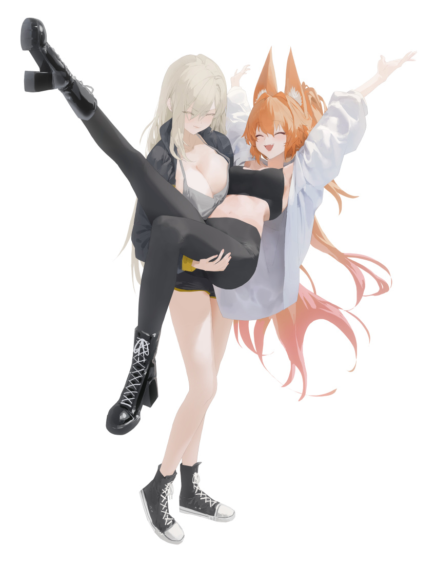 2girls absurdres animal_ears armpit_peek arms_up artist_request bare_legs black_footwear black_jacket black_pants black_shirt black_shorts blonde_hair boots breasts camisole carrying cleavage closed_eyes closed_mouth commission crop_top dungeon_and_fighter ellin_meiji fox_ears fox_tail grey_shirt high_heel_boots high_heels highres jacket large_breasts leggings lethe_rin long_hair long_sleeves midriff multiple_girls navel open_clothes open_jacket open_mouth original pants ponytail princess_carry second-party_source shirt shoes short_shorts shorts sleeveless sleeveless_shirt smile stomach strap_gap tail thighs very_long_hair white_hair white_jacket