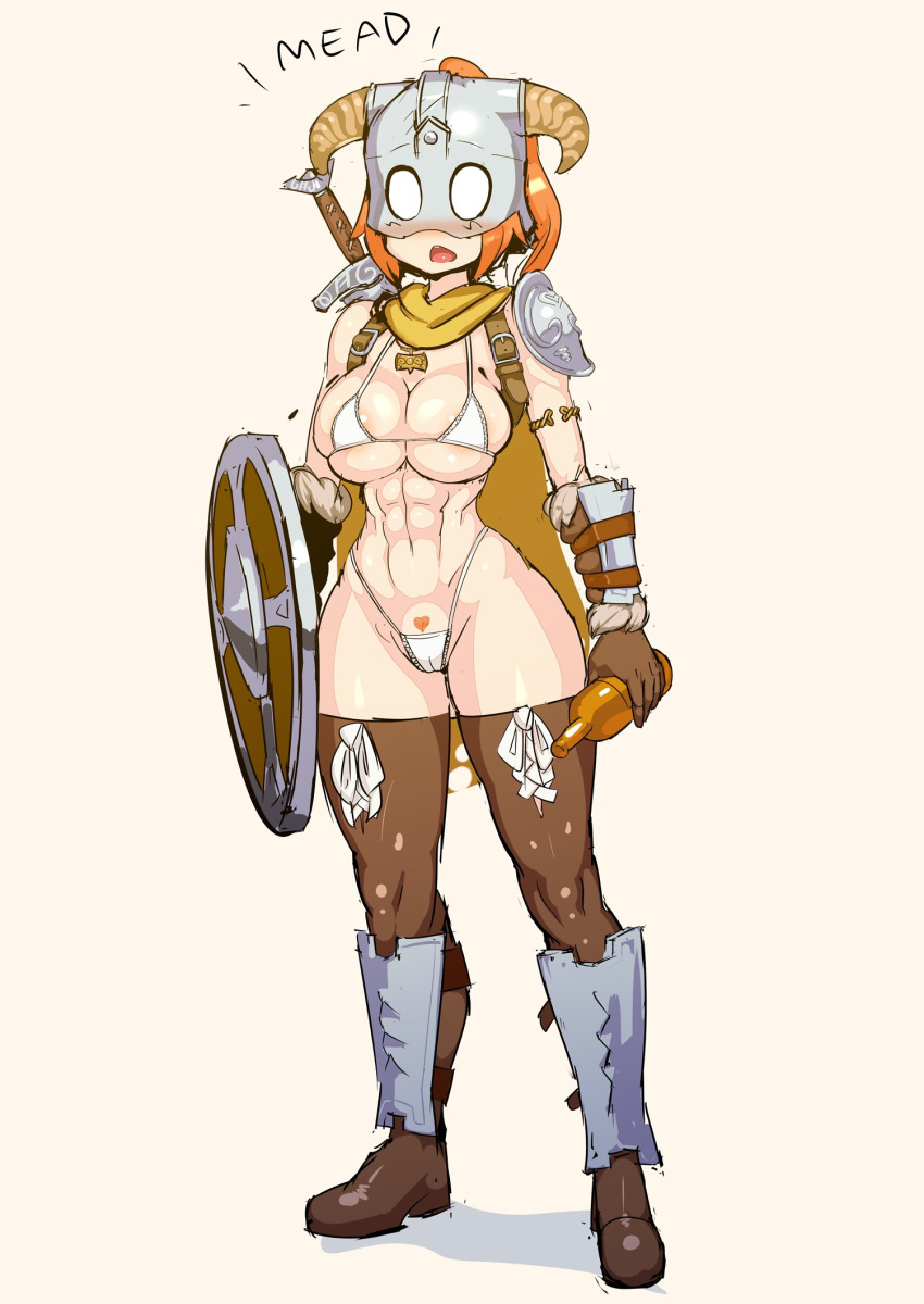 abs armor bikini blush boots bottle breasts brown_footwear brown_gloves cape commentary dovahkiin dovakini-chan_(nisetanaka) english_commentary english_text fake_horns female full_body gloves greaves heart-shaped_pubic_hair helmet highres holding holding_bottle holding_shield holding_weapon horned_helmet horns jewelry large_breasts long_hair looking_at_viewer muscular muscular_female navel necklace nisetanaka o_o open_mouth orange_hair pauldrons ponytail pubic_hair shadow shaped_pubic_hair sheath sheathed shield shoulder_armor simple_background single_pauldron solo standing stomach string_bikini swimsuit sword the_elder_scrolls the_elder_scrolls_v:_skyrim thigh_boots weapon white_bikini white_eyes yellow_background yellow_cape