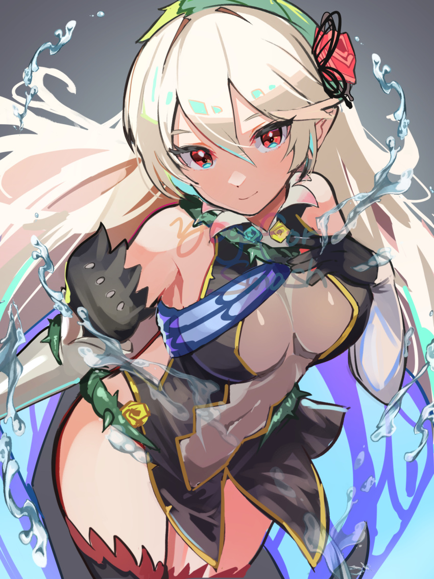 bare_shoulders breasts closed_mouth commentary corrin_(female)_(fire_emblem) corrin_(female)_(resplendent)_(fire_emblem) corrin_(fire_emblem) covered_navel cowboy_shot dress elbow_gloves female fire_emblem fire_emblem_fates fire_emblem_heroes gloves grey_background hair_between_eyes highres hirotaka_(hrtk990203) long_hair looking_at_viewer official_alternate_costume pointy_ears red_eyes short_dress smile solo thighhighs very_long_hair water white_hair