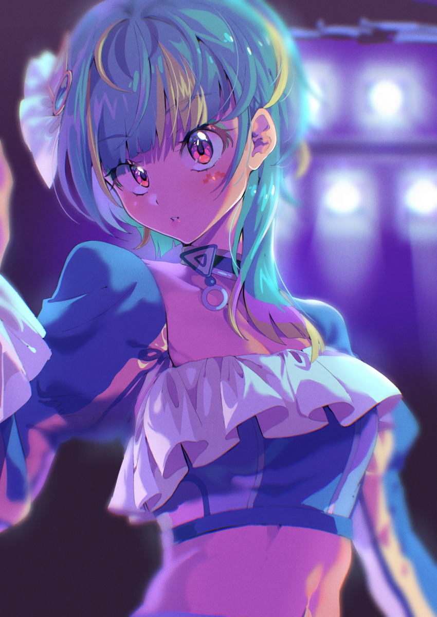 backlighting blue_hair blue_shirt blunt_bangs blurry blurry_background breasts cleavage commentary_request cropped_shirt eyeshadow facial_mark female green_eyeshadow green_hair hair_ornament highres idol_clothes long_hair long_sleeves looking_at_viewer makeup multicolored_hair omega_auru omega_auru_(primagista) parted_lips pink_eyes pretty_series shirt small_breasts solo stage_lights streaked_hair tsujii_luki upper_body waccha_primagi!